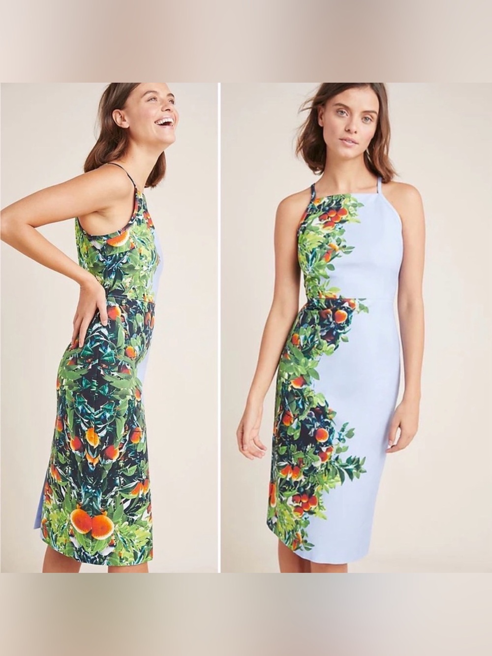 Anthropologie Maeve Orange Bough Dress Midi Square Neck Sz 14